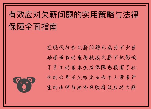 有效应对欠薪问题的实用策略与法律保障全面指南