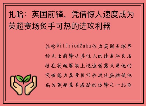 扎哈：英国前锋，凭借惊人速度成为英超赛场炙手可热的进攻利器