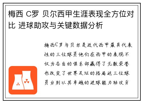 梅西 C罗 贝尔西甲生涯表现全方位对比 进球助攻与关键数据分析